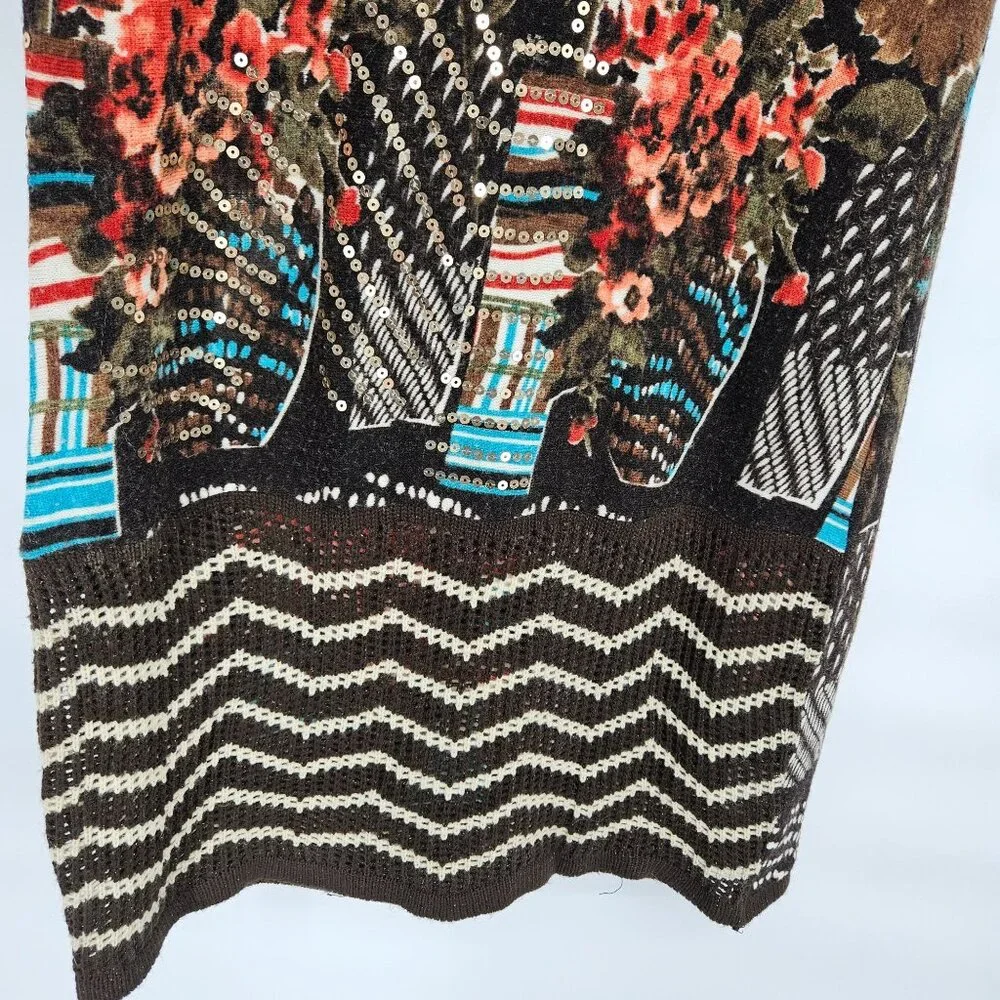 P. Luca Milano Midi Knit Dress Medium Brown Floral Sequin Bling Short Sleeve - Picture 5 of 11